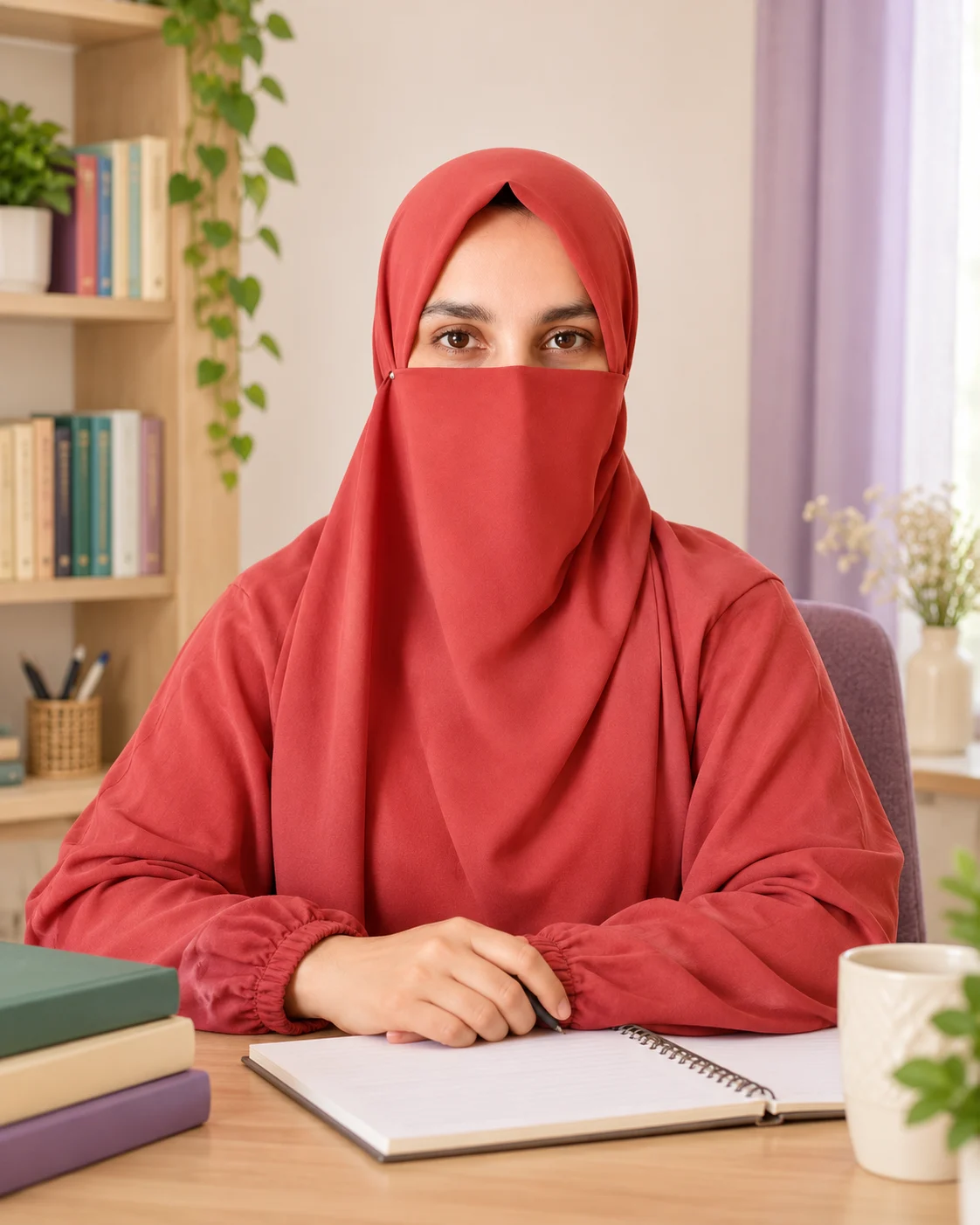 Saima Bashir wearing a red hijab and niqab, seated at a study desk